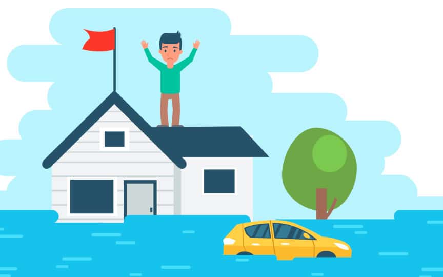 Cartoon of a man standing on top of his house in a flood