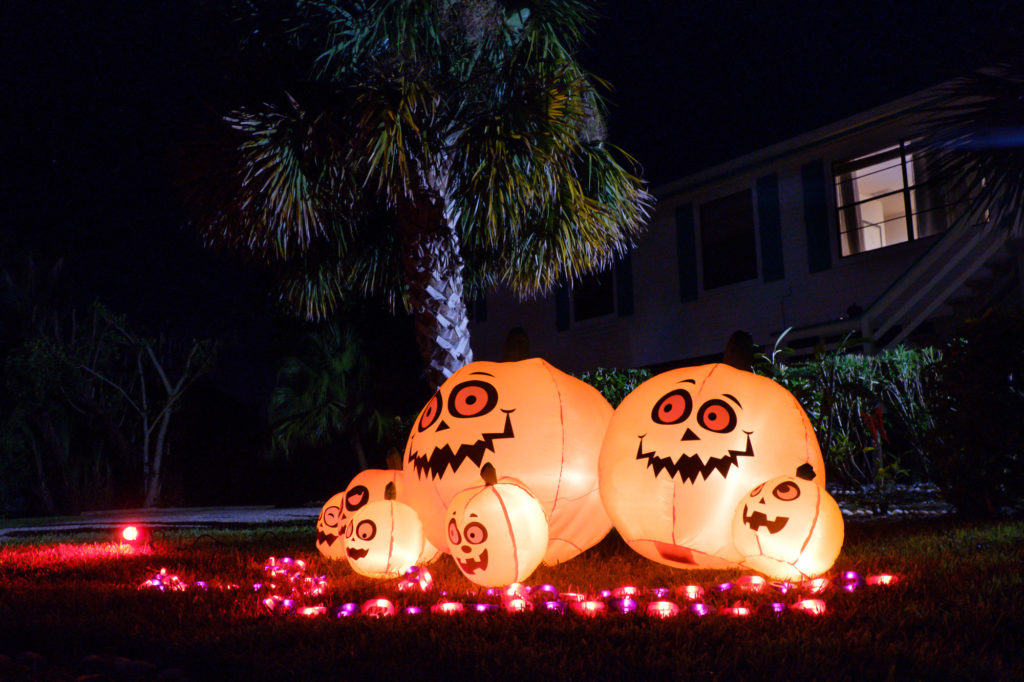 Spooky blow-up pumpkin decorations outside of a home on Sanibel Island, FL